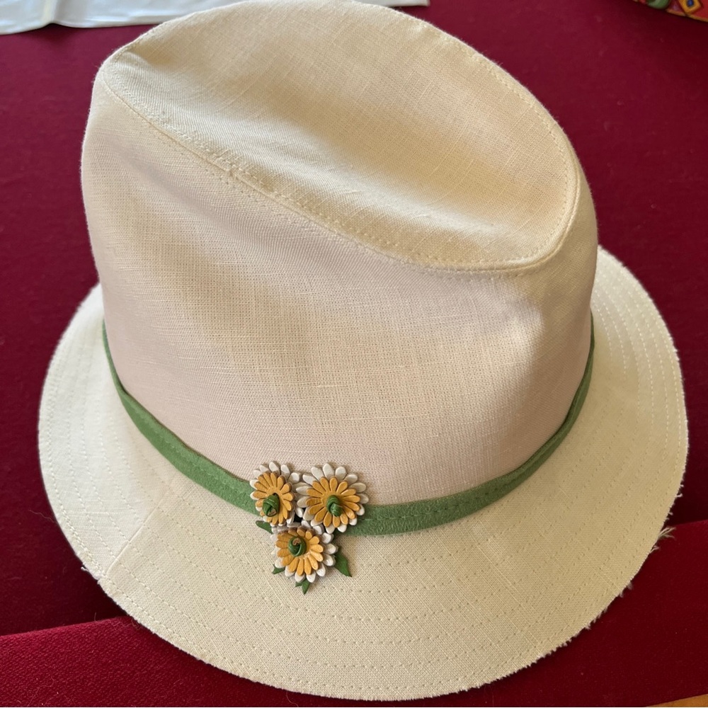 White Canvas Fedora Hat Green band/Yellow Tiny flowers Girls Womens Beach Travel